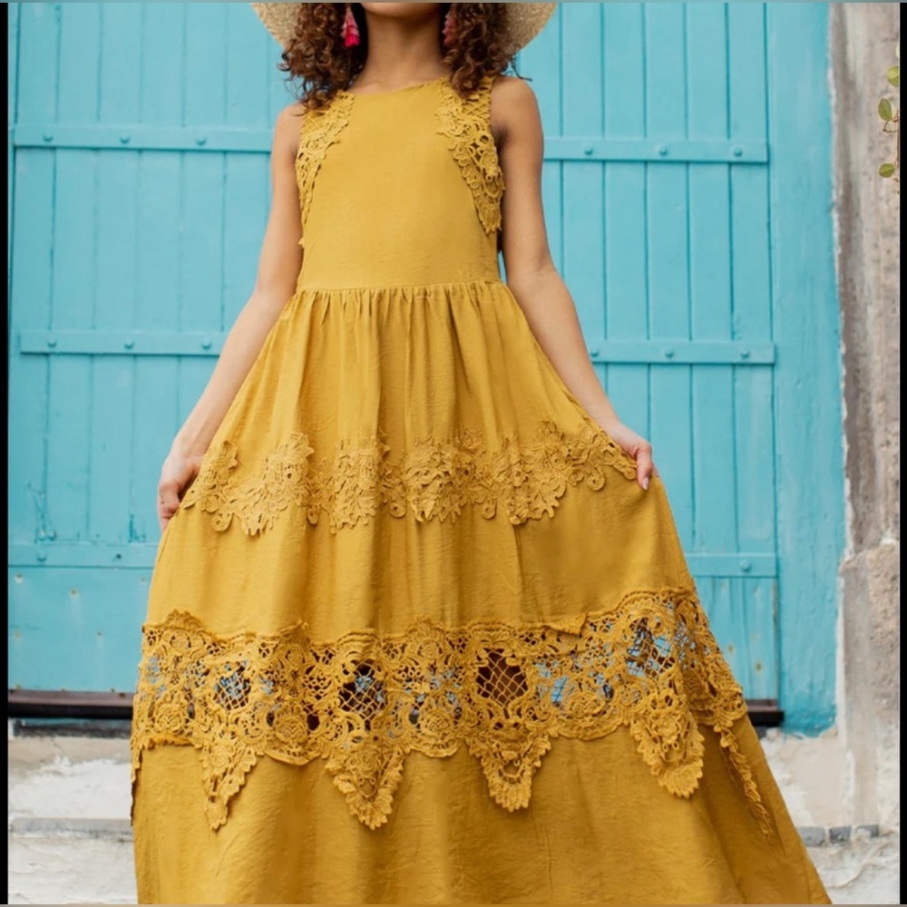 Joyfolie Mustard Lace Kids Dress